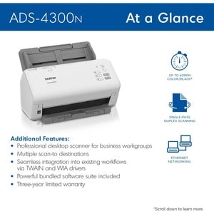 Escáner Brother ADS4300N 600 x 600 ppp dúplex 40 ppm USB