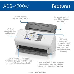 Escáner Brother ADS-4700W 600 x 600 ppp 40 ppm dúplex USB