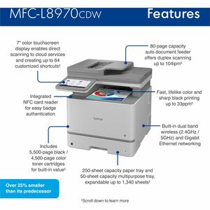 Impresora láser Brother MFC-L8970CDW color, 33 ppm, dúplex, Wi-Fi