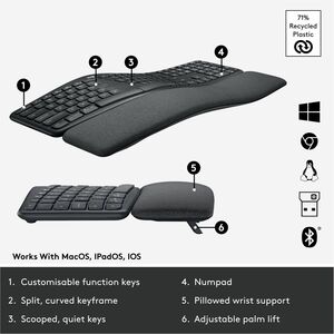 Teclado Logitech Ergo K860, inalámbrico, Bluetooth/RF, negro