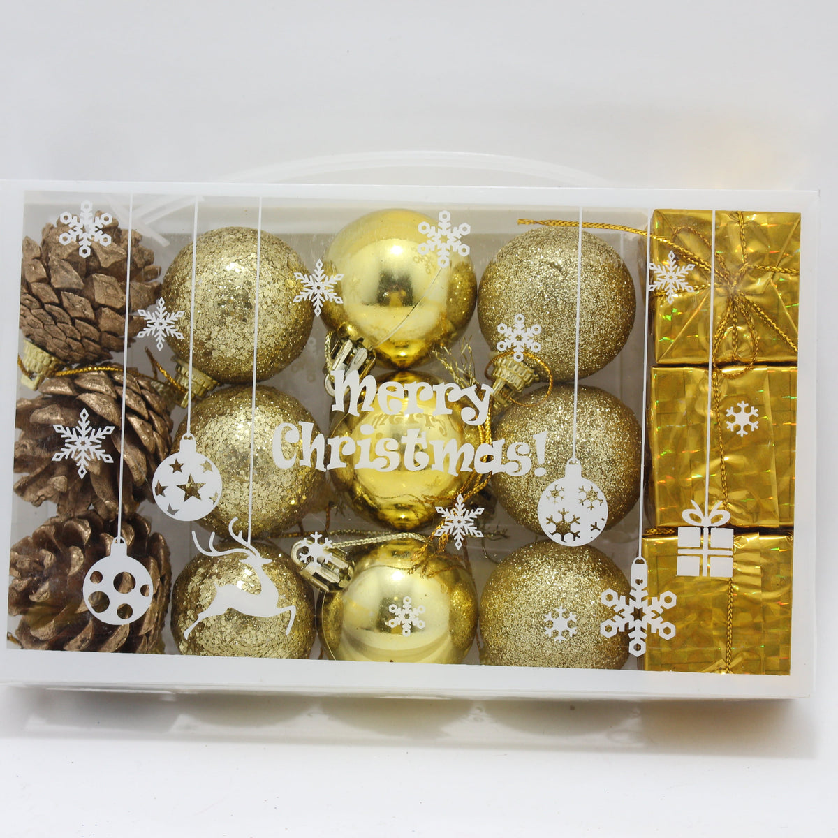 Set Dorado de bolas navideñas + regalos