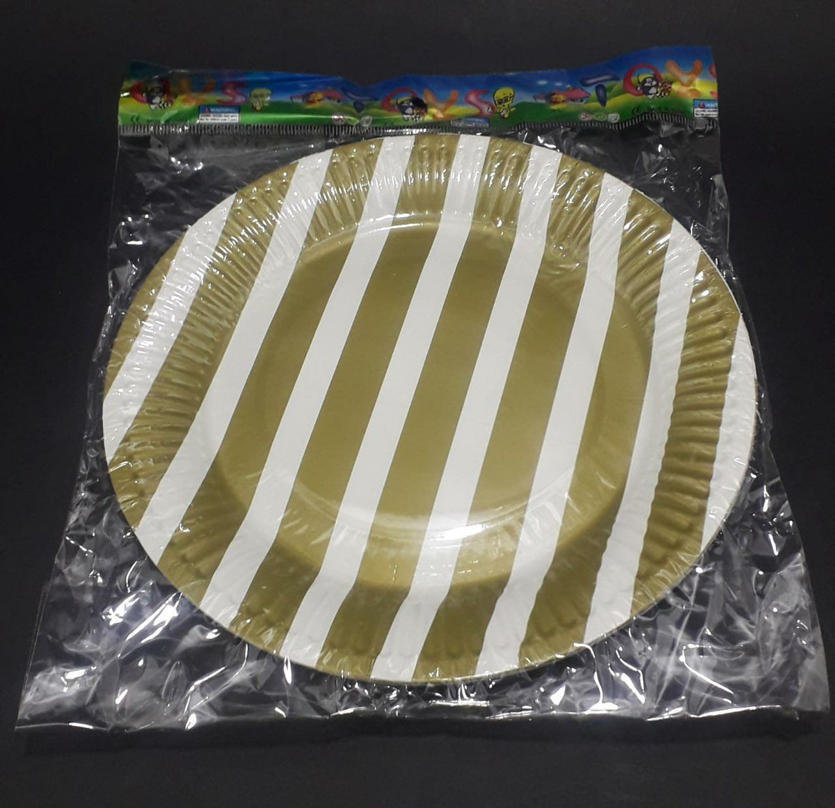 Plato carton rayas dorado 18cm x 10 un