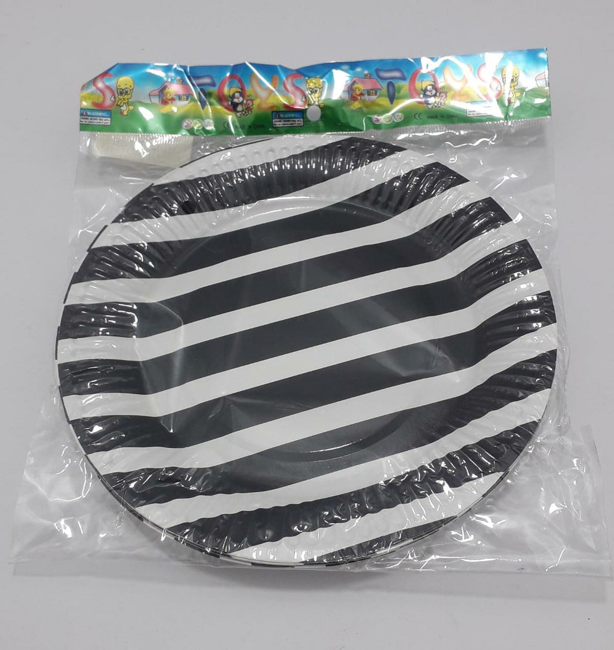 Plato carton rayas negro 18cm en bolsa