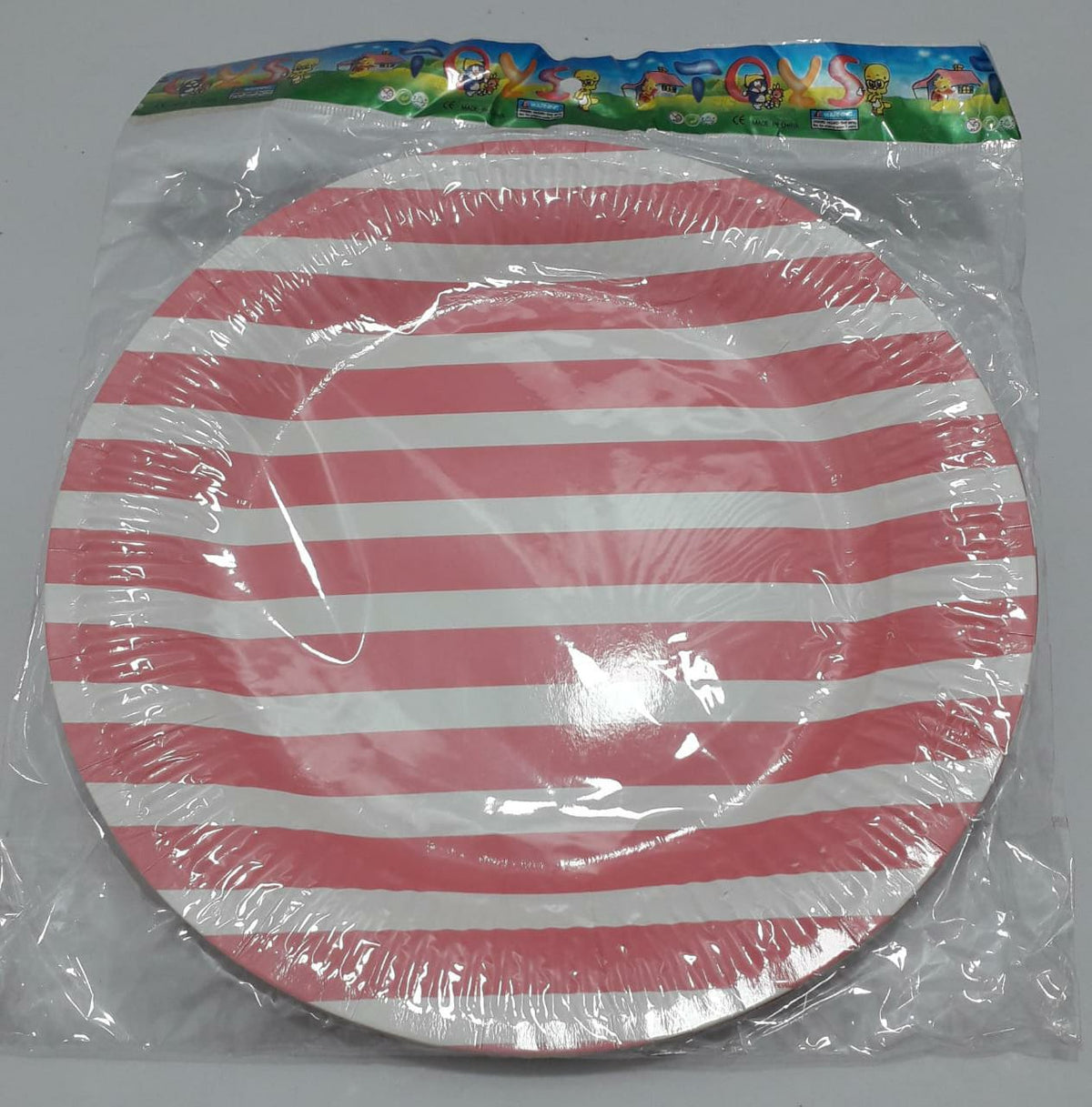 Plato carton rosado rayas blacas bolsa