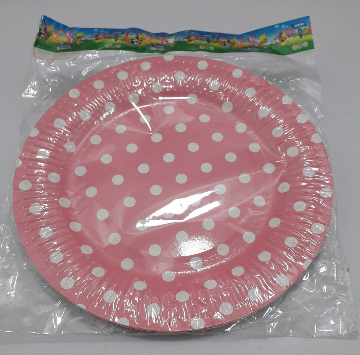 Plato carton rosado puntos blacos bolsa
