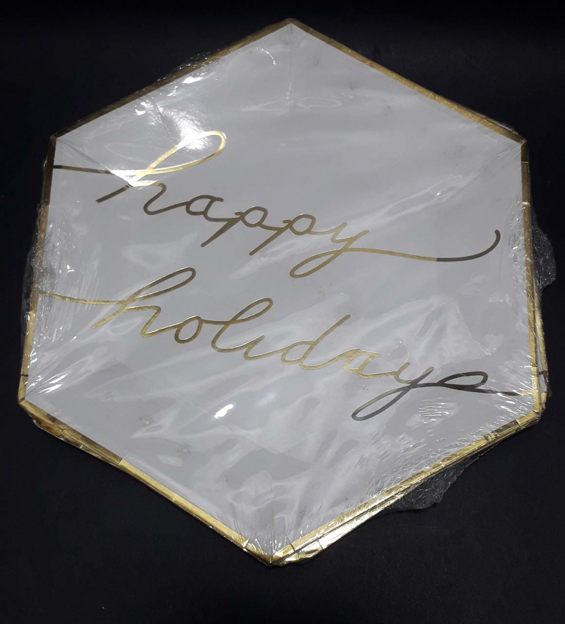 Plato x 10 hexagonal blanco dorado happ