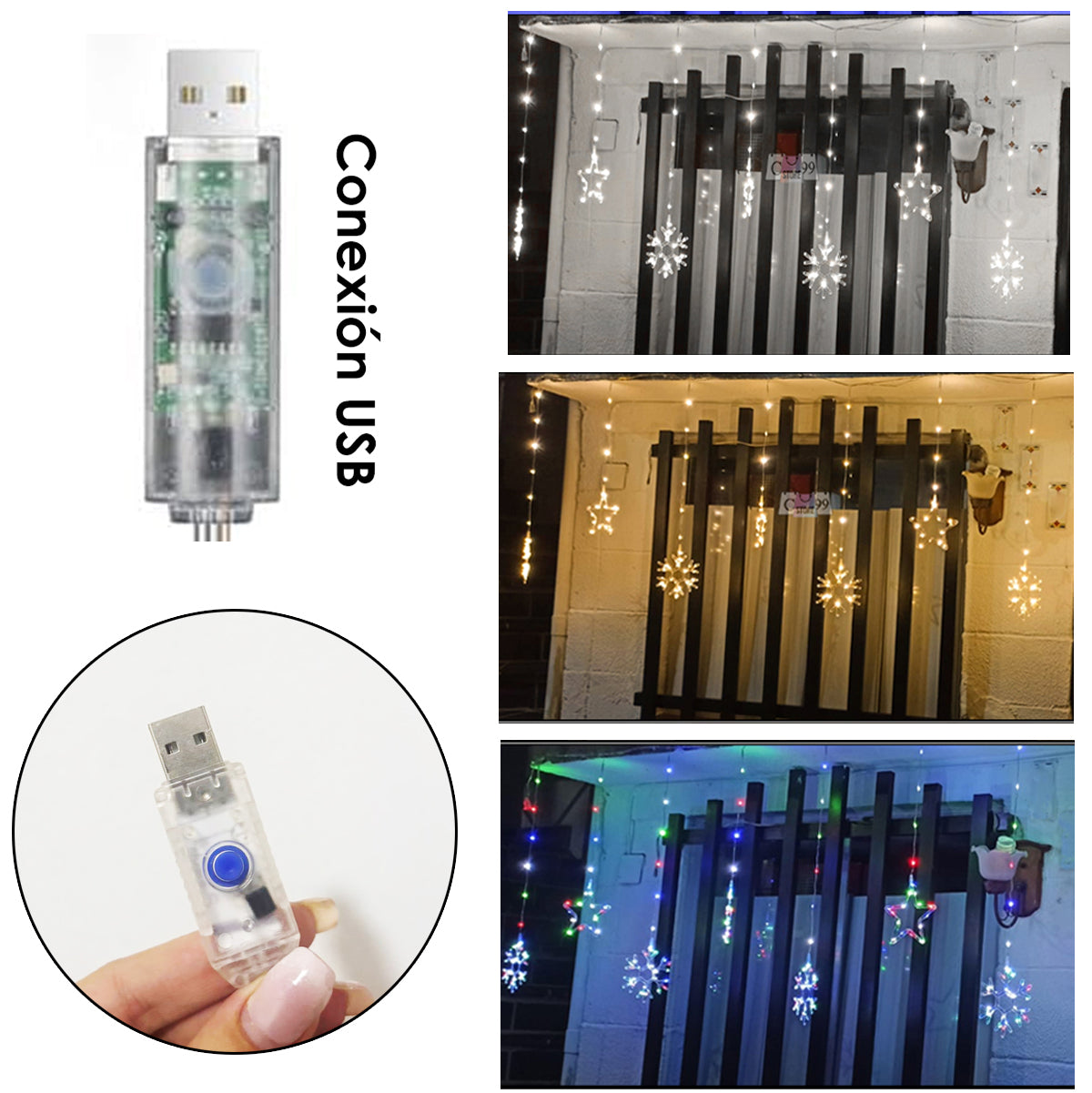Luces De Navidad Copos y Estrellas USB