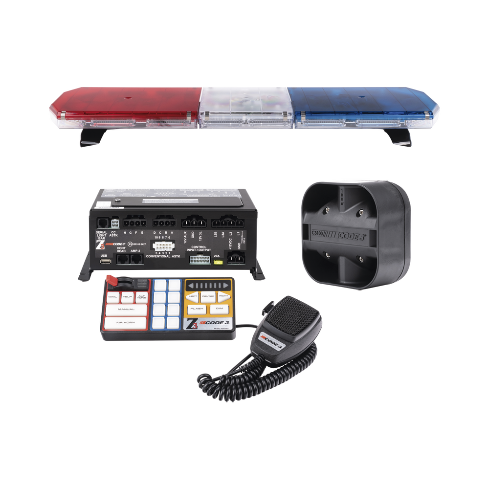 Kit de Sirena, bocina y Torreta 47" Serie 21 con 300 LEDs color dual, frente: Rojo/Blanco, Azul/Blanco, trasero: Rojo/Ámbar, Azul/Ámbar