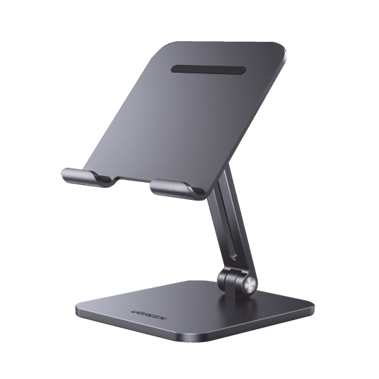 Soporte de Telefono Celular & Tablet / Plegable /Angulo Ajustable de 180° y 270° / Base Antideslizante / Proteccion  e Silicona / Aluminio / Amplia Compatibilidad con dispositivos de 7.9'' a 12.9'' / Color Gris