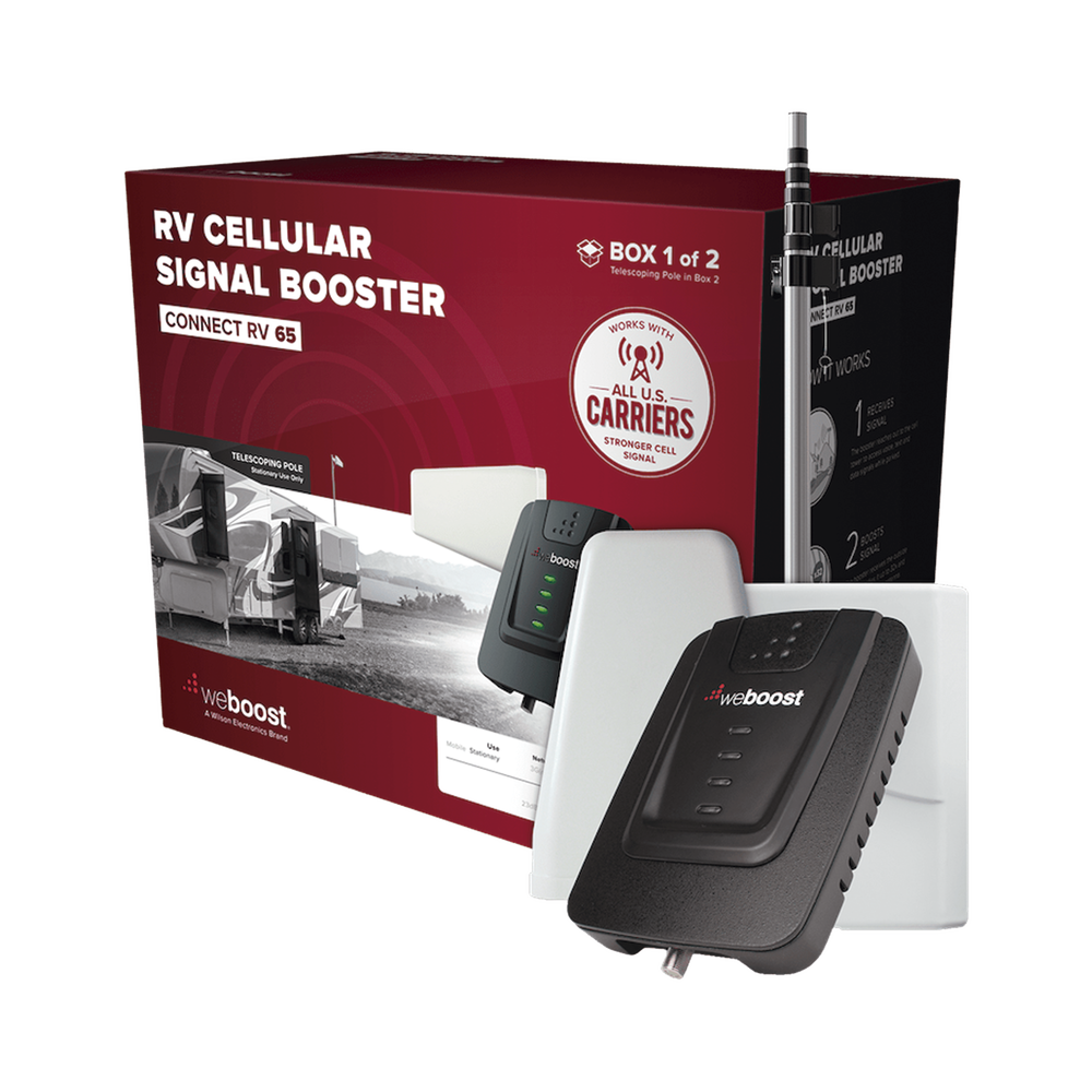 Kit de Amplificador de Señal Celular para Vehículo Recreacional u Oficina Móvil | 4G LTE 3G y 2G | 65 dB de Ganancia | Incluye Mástil Telescópico para Antena Exterior