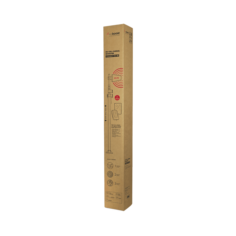 Kit de Amplificador de Señal Celular para Vehículo Recreacional u Oficina Móvil | 4G LTE 3G y 2G | 65 dB de Ganancia | Incluye Mástil Telescópico para Antena Exterior
