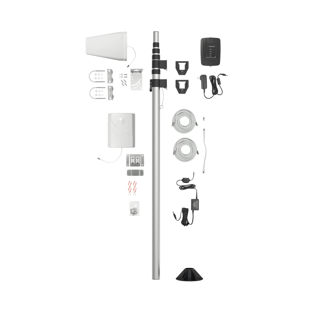 Kit de Amplificador de Señal Celular para Vehículo Recreacional u Oficina Móvil | 4G LTE 3G y 2G | 65 dB de Ganancia | Incluye Mástil Telescópico para Antena Exterior