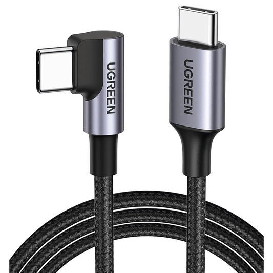 Cable USB-C a USB-C / Conector con Ángulo Recto de 90° / 1 Metro / Carcasa de Aluminio / Nylon Trenzado / Transferencia de Datos Hasta 480 Mbps / Soporta Carga Rápida de hasta 60W