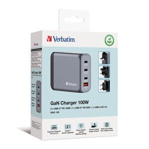Cargador GaN Verbatim 23942322023 100W 3 USB-C PD y USB-A QC 3.0