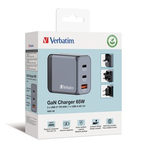 Cargador GaN Verbatim 23942322016 65W 2 USB-C PD y USB-A QC 3.0