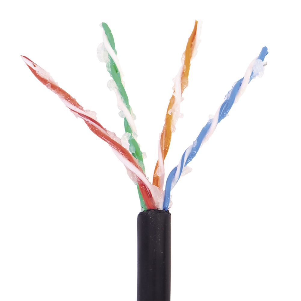 Bobina de 1000 ft ( 305 m ) Cat5e con gel para exterior, color Negro, para aplicaciones en sistemas de redes de datos y cableado estructurado.Uso intemperie.