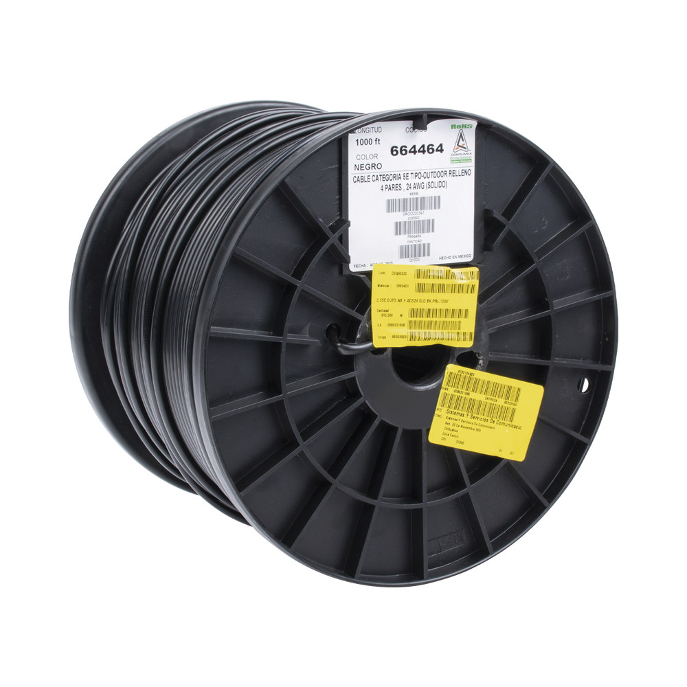 Bobina de 1000 ft ( 305 m ) Cat5e con gel para exterior, color Negro, para aplicaciones en sistemas de redes de datos y cableado estructurado.Uso intemperie.