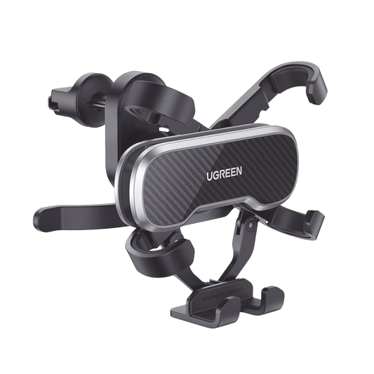 Soporte de Celular para Automóvil en Rendija de Ventilación / Sistema de Gravedad / Rotacion de 360° / Sistema de Suspension por Gancho / Pinzas de Goma / Amplia Compatibilidad con dispositivos de 4'' a 7'' / Color Negro