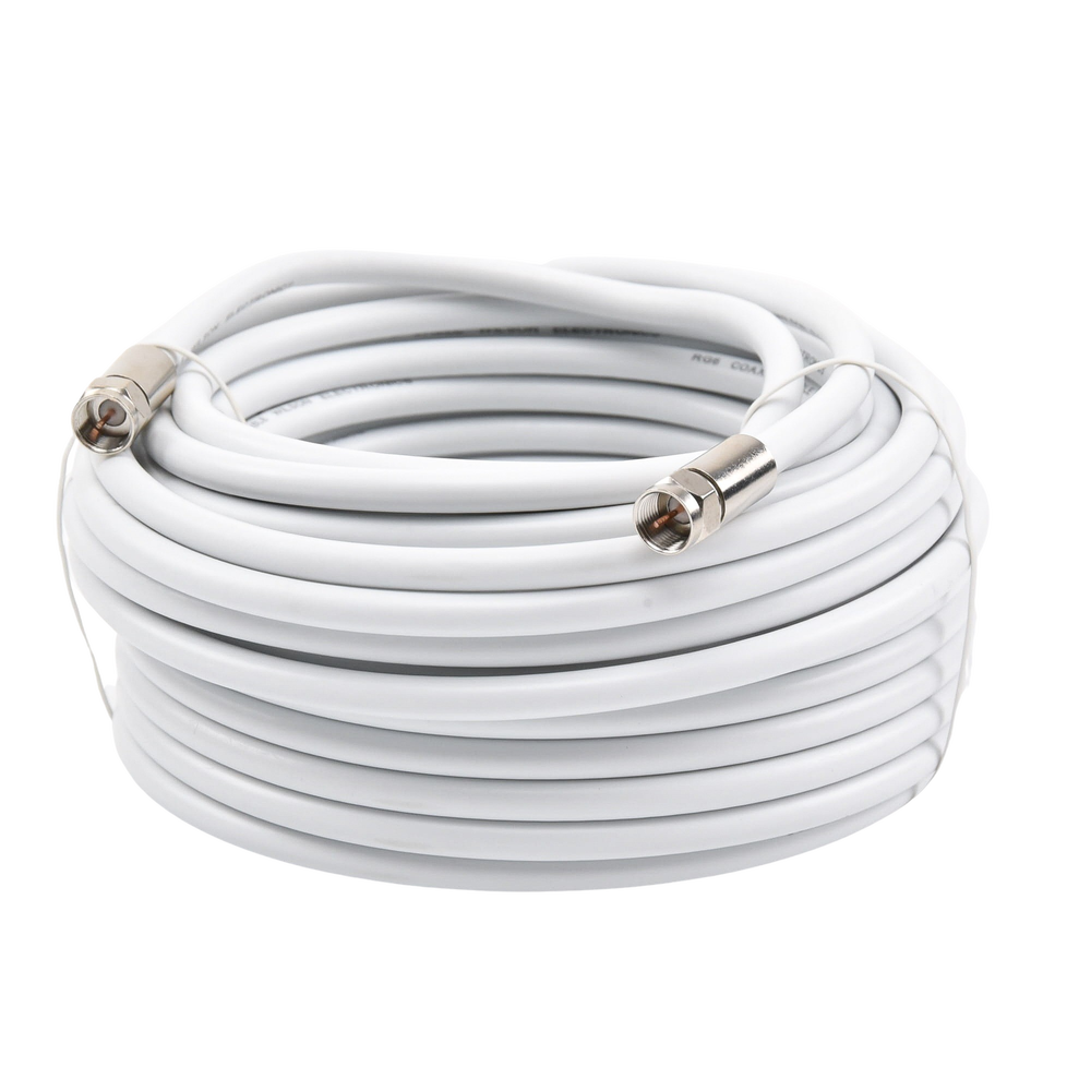 Coaxial jumper with RG-6 type cable in white, 15.24 meters long, and F-male connectors on both ends. 75 Ohm impedance.