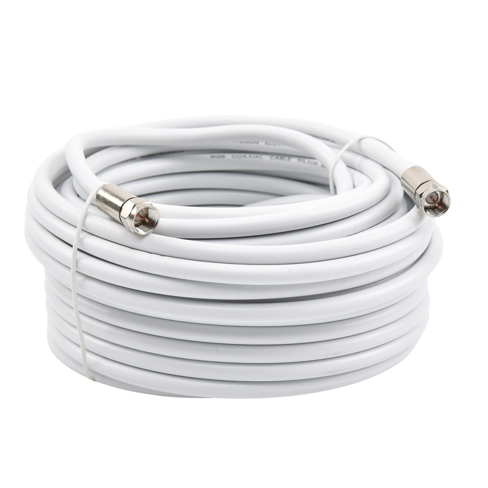 Coaxial jumper with RG-6 type cable in white, 15.24 meters long, and F-male connectors on both ends. 75 Ohm impedance.