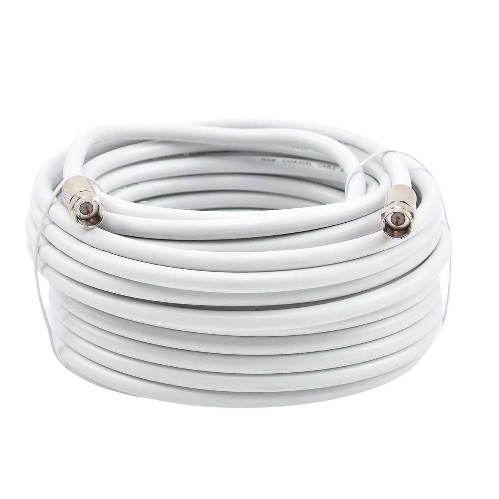 Coaxial jumper with RG-6 type cable in white, 15.24 meters long, and F-male connectors on both ends. 75 Ohm impedance.