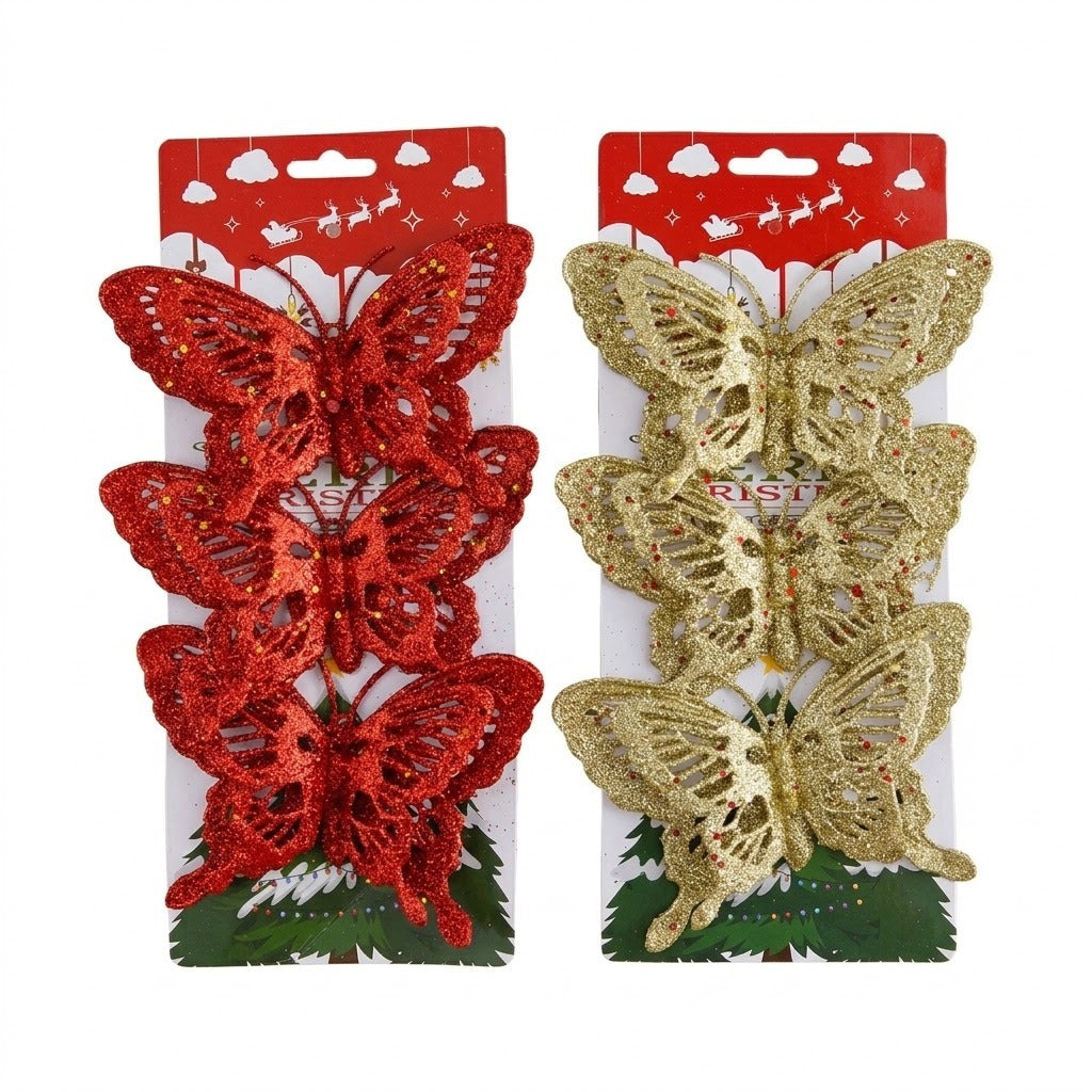 Set x3 Mariposas Navideñas Escarchadas