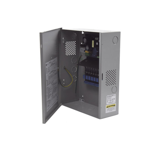 Fuente para aplicaciones en control de acceso, y detección de incendio, con capacidad de respaldo para 12 y 24 Vcd @ 4 A , con 8 circuitos de control ( NO ) y 8 circuitos de control trigger voltaje de entrada de : 115 Vca, requiere batería. 