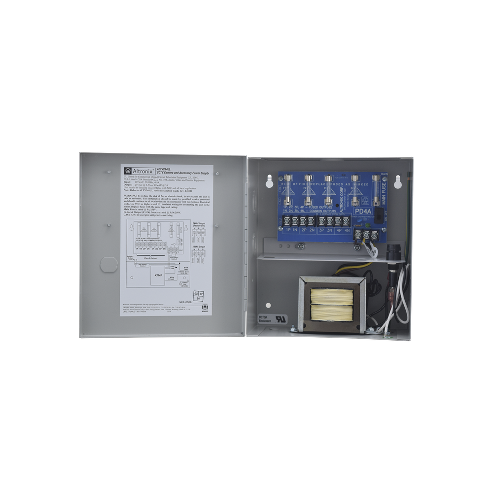 Fuente de poder ALTRONIX de 24 Vca @ 3.5 Amper o 28 Vca @ 3.0 Amper, para 4 cámaras, Con voltaje de entrada de 115 Vca, Con capacidad de batería de respaldo, Requiere batería 