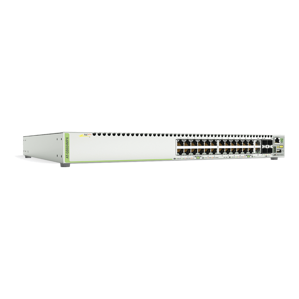 Switch PoE+ Stackeable Capa 3, 24 puertos 10/100/1000 Mbps + 2 puertos SFP Combo + 2 puertos SFP+ 10 G Stacking, 370 W