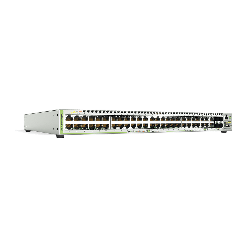 Switch PoE+ Stackeable Capa 3, 48 puertos 10/100/1000 Mbps + 2 puertos SFP Combo + 2 puertos SFP+ 10 G Stacking, 370 W