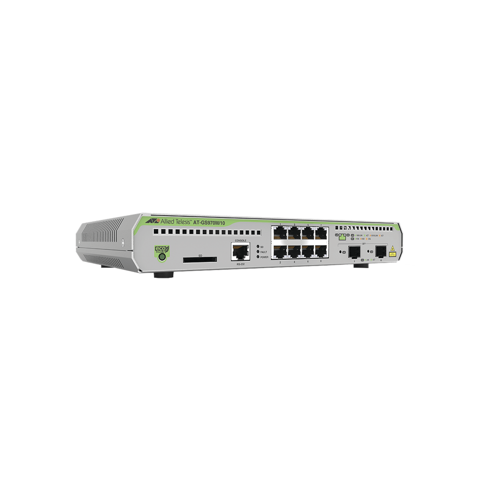 Switch Administrable CentreCOM GS970M, Capa 3 de 8 Puertos 10/100/1000 Mbps + 2 puertos SFP Gigabit