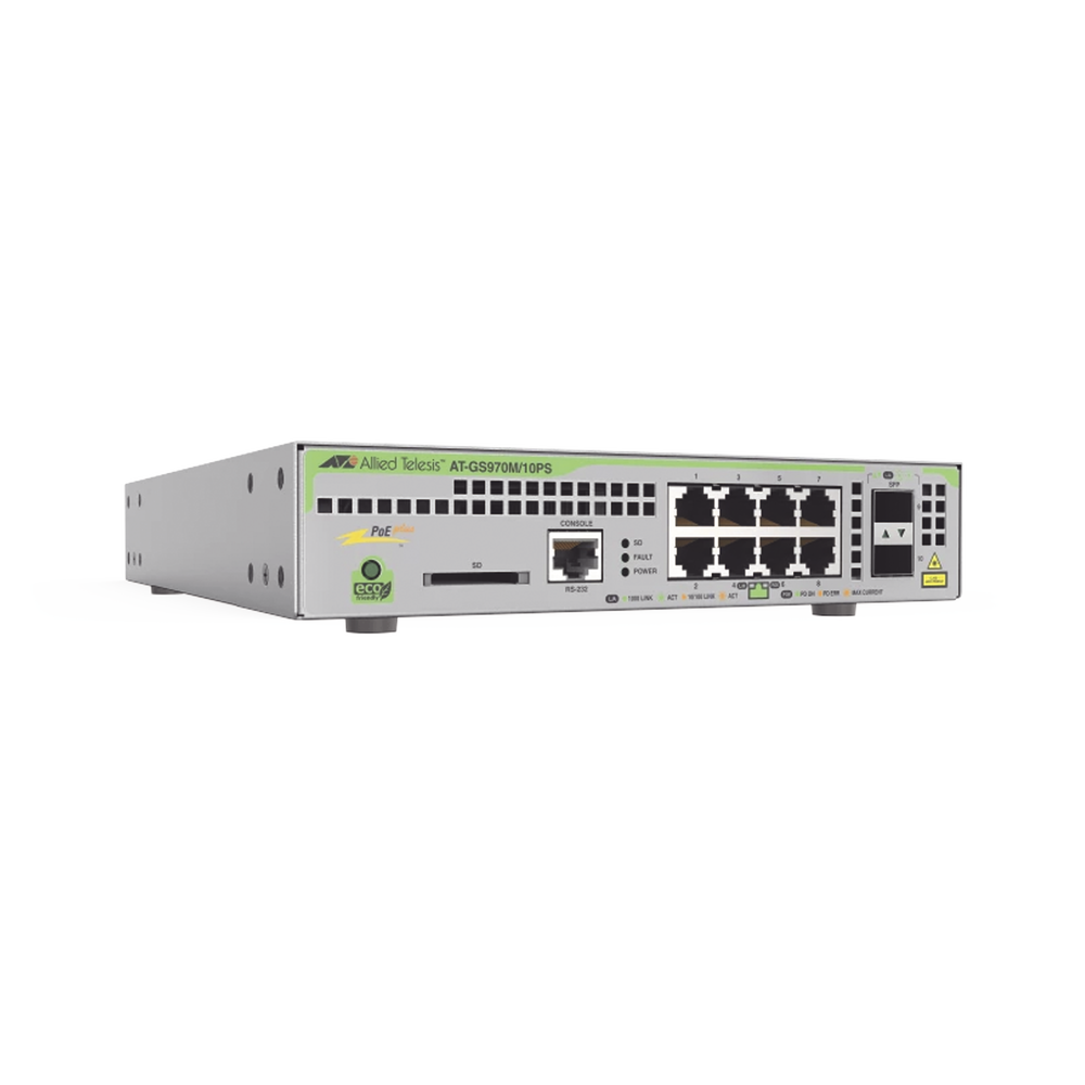 Switch PoE+ Administrable CentreCOM GS970M, Capa 3 de 8 Puertos 10/100/1000 Mbps + 2 SFP Gigabit, 124 W