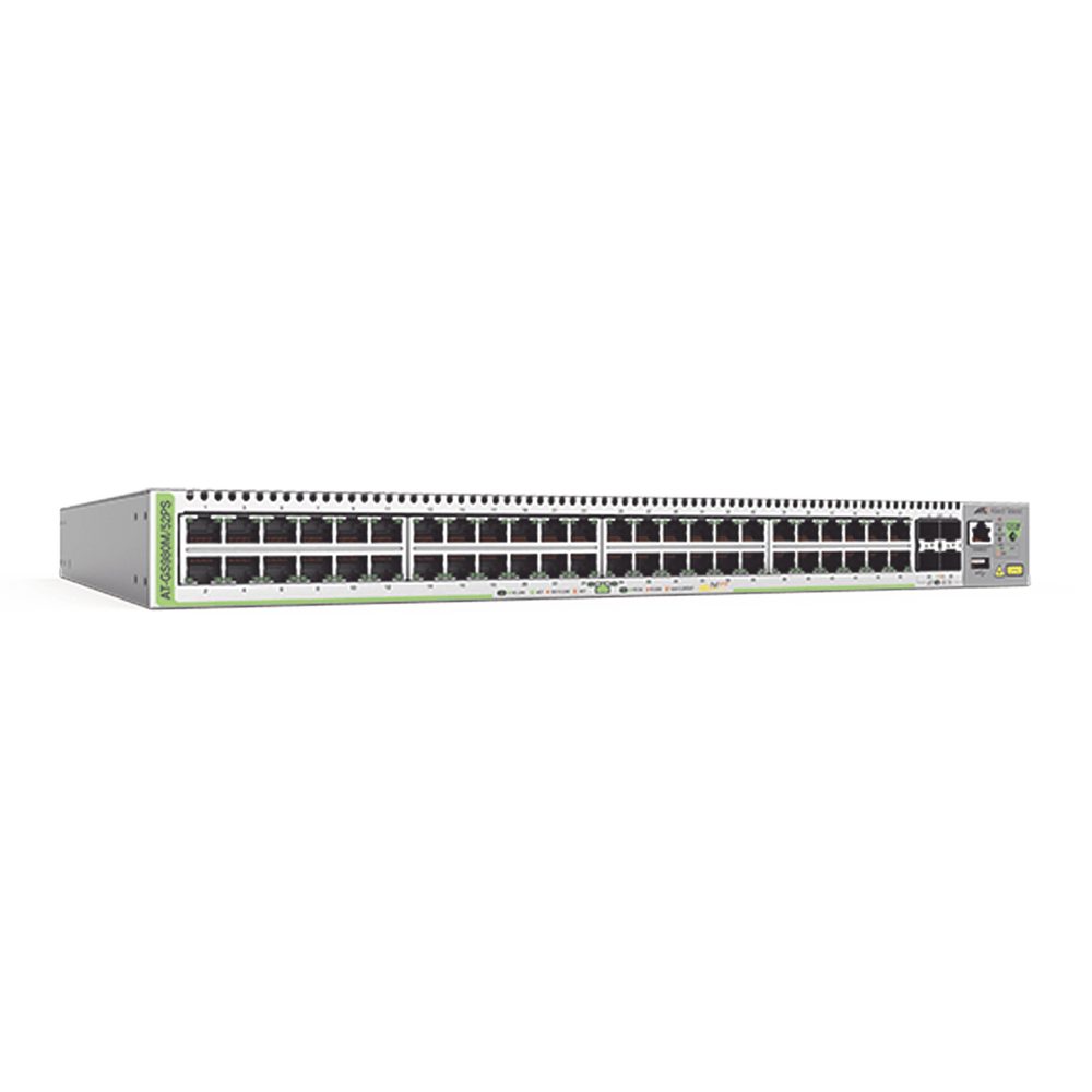 Switch PoE+ Administrable CentreCOM GS980M, Capa 3 de 48 puertos 10/100/1000Mbps + 4 SFP Gigabit, 740 W
