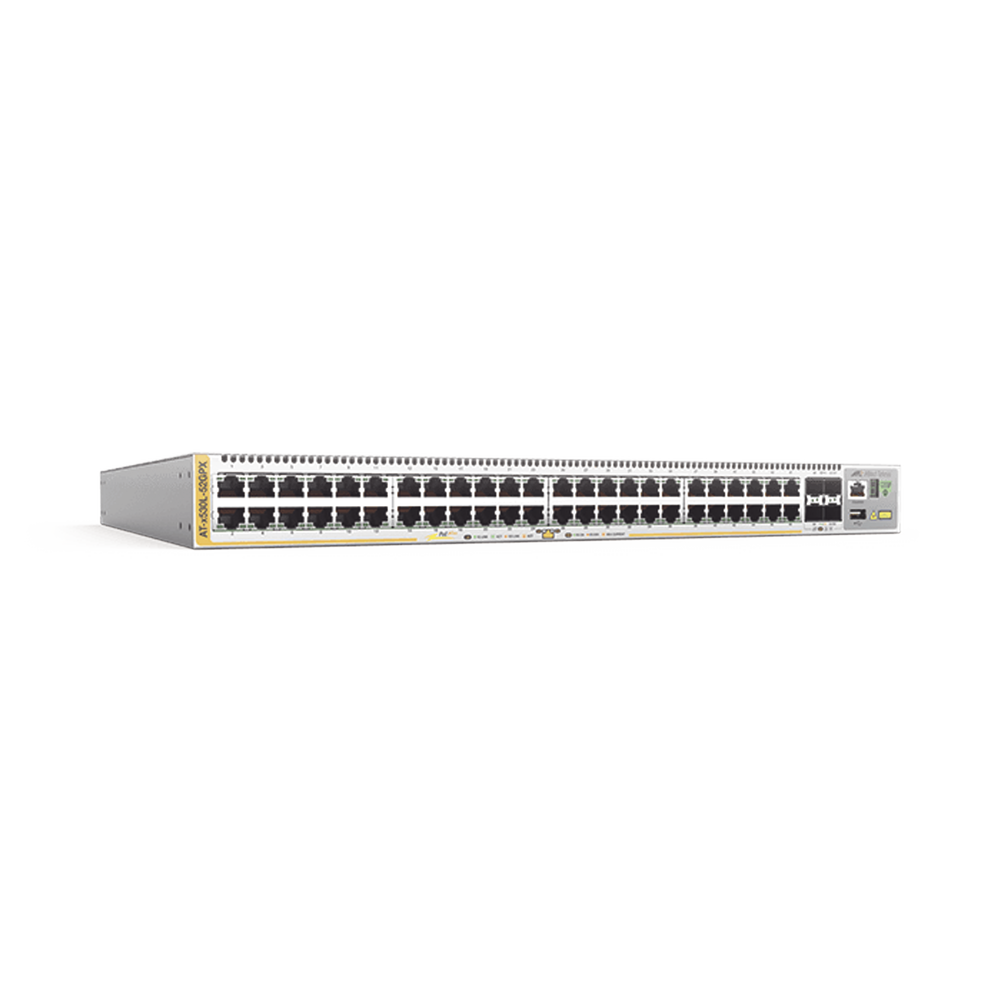 Switch PoE+ Stackeable Capa 3, 48 puertos 10/100/1000 Mbps + 4 puertos SFP+ 10 G, hasta 740 W, fuente redundante