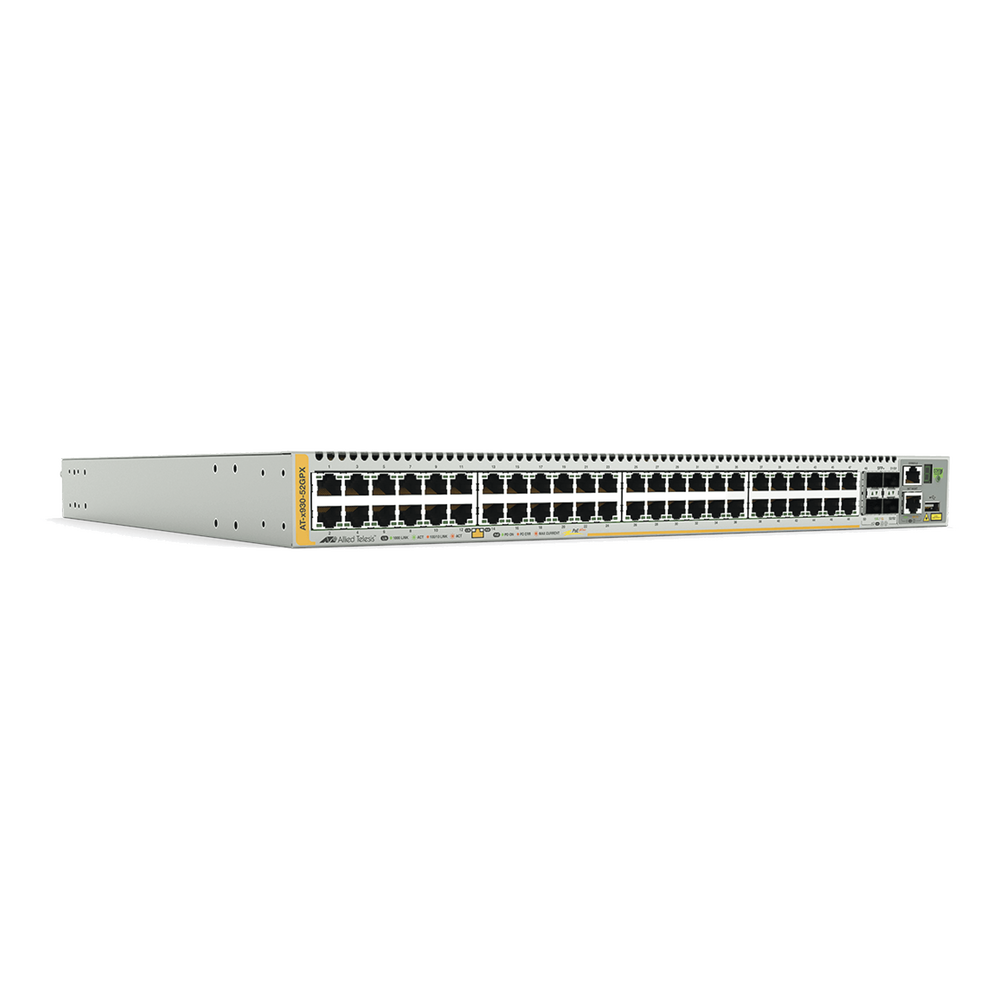 Switch PoE+ Stackeable Capa 3, 48 puertos 10/100/1000 Mbps + 4 puertos SFP+ 10 G y dos bahías hotswap PSU, Versión Federal