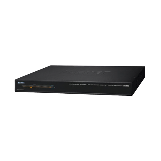 Switch AV Administrable, 8 Puertos PoE Gigabit 802.3bt, 16 Puertos PoE Gigabit 802.3at, 4 Puertos SFP 10 G, Hasta 450 W de Potencia