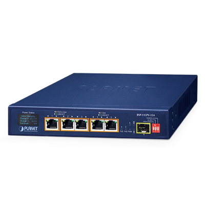 Switch PoE solar de 5 puertos con PoE+ 802.3at, 1 puerto SFP 1000X y pantalla LCD