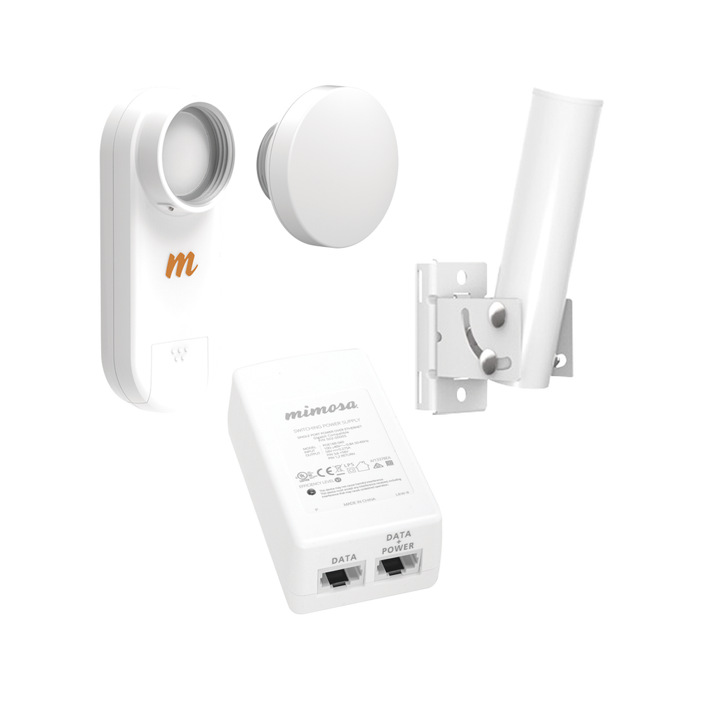 Kit de radios C5X, rango de frecuencia extendida (4.9 a 6.4 GHz),  incluye inyector POE, montaje universal para tubo o poste Y una antena de 12 dBi