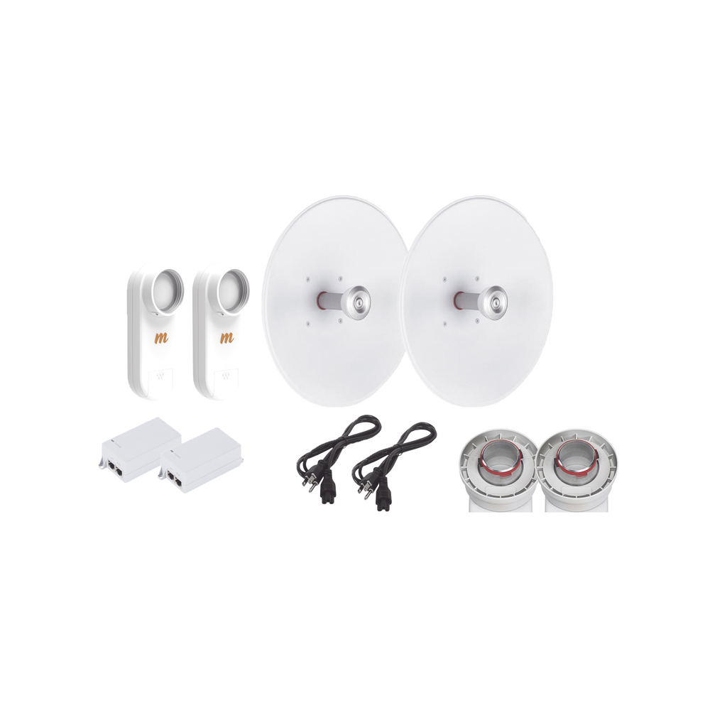 Enlace completo de 2 radios C5X con antenas UD-TP-27 (27 dBi), rango de frecuencia extendida (5.1 a 6.4 GHz),  incluye inyector POE y cable de alimentación y adaptador para la antena 