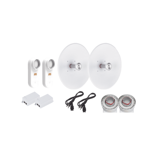 Enlace completo de 2 radios C5X con antenas UD-TP-27 (27 dBi), rango de frecuencia extendida (5.1 a 6.4 GHz),  incluye inyector POE y cable de alimentación y adaptador para la antena 