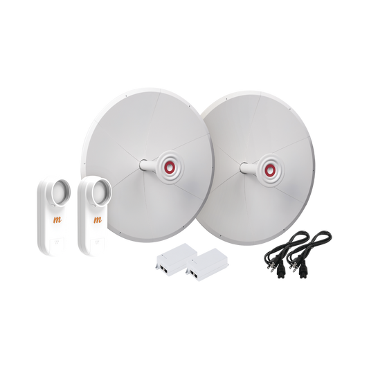 Kit de 2 radios C5XIP67 con antenas TXPD30C5X (30 dBi), rango de frecuencia extendida (4.9 a 6.4 GHz), incluye inyector POE y cable de alimentación