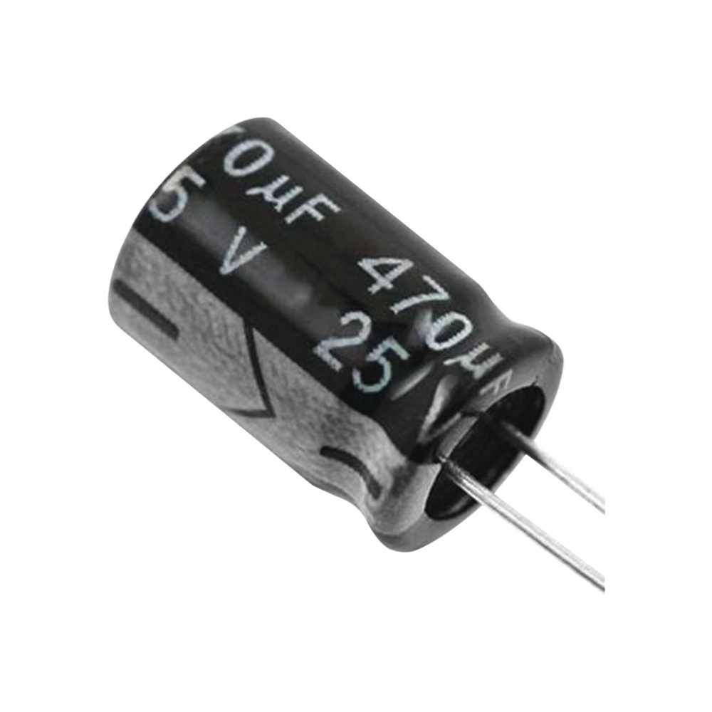 Condensador Electrolítico Radial, 470 mFd, 25 Volt,  105 °C.