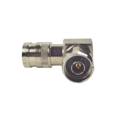 Conector N Macho de Compresion, Angulo Recto para LMR-400, CNT-400, Bronce-Blanco /Oro /Teflón.