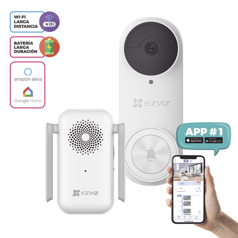 Rechargeable Battery-Powered Wi-Fi Doorbell / Wireless / Call App / Includes Indoor Chime with Selectable Chimes / Memory Slot / Indoor Use