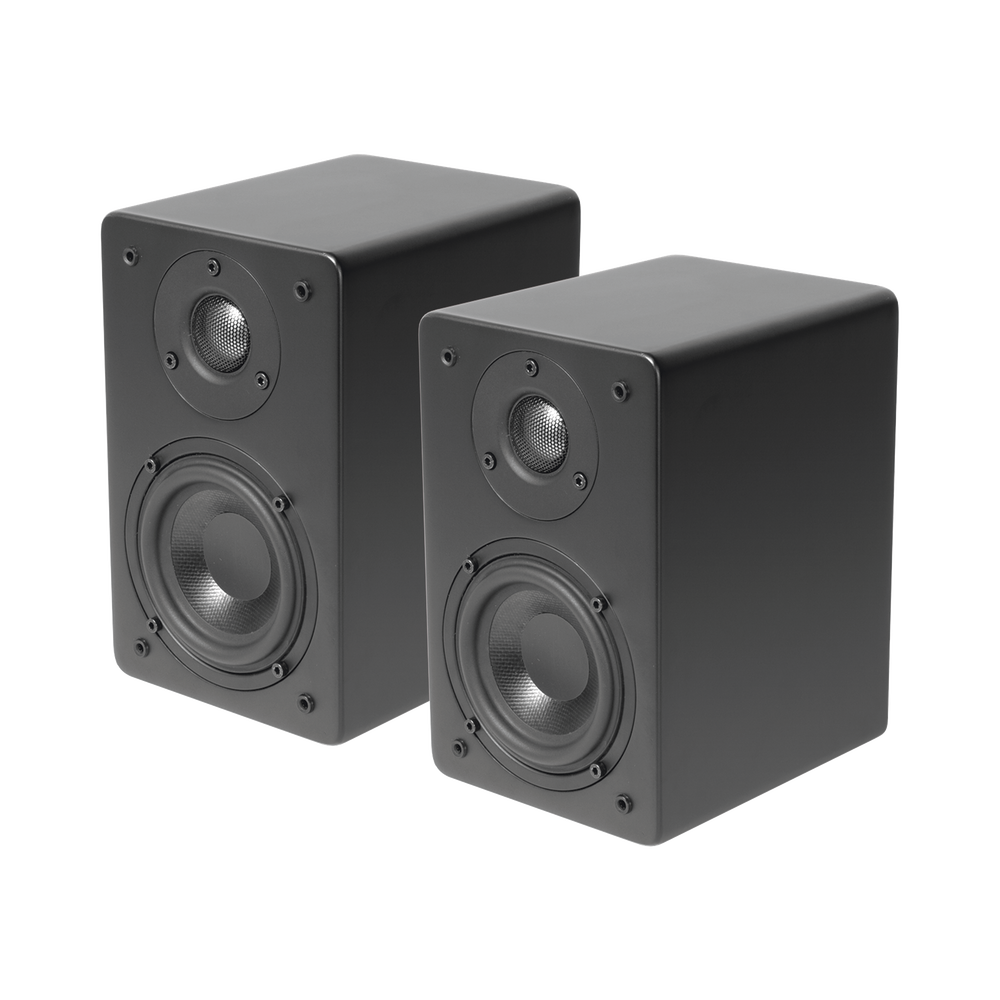 PAR de Altavoces de Estantería, Woofer de fibra de vidrio 4in, Tweeter de aluminio 1in, Acabado negro mate, 5-40 watts, 8ohms