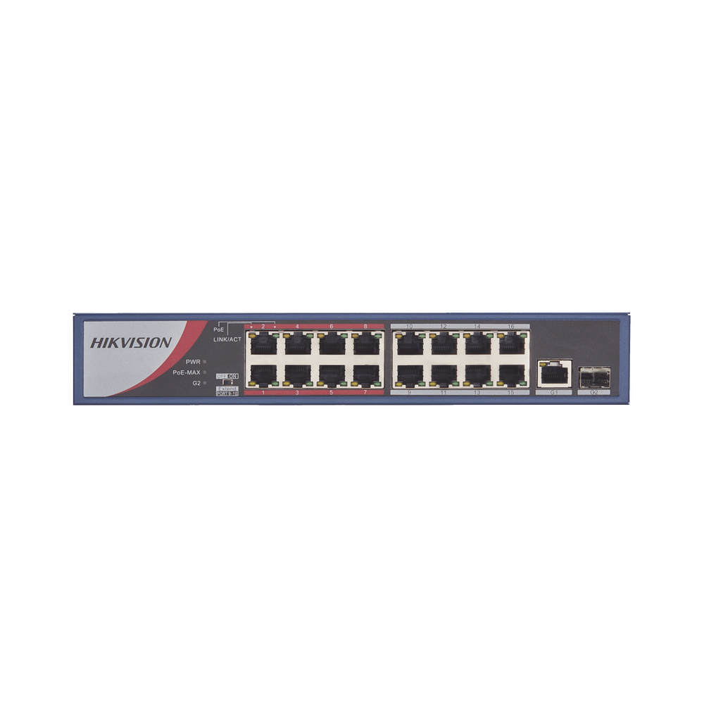 Switch PoE+ / No Administrable / 16 Puertos 10/100 Mbps PoE+ / 1 Puerto 10/100/1000 Mbps + 1 Puerto SFP Uplink / PoE hasta 250 metros / 130 W