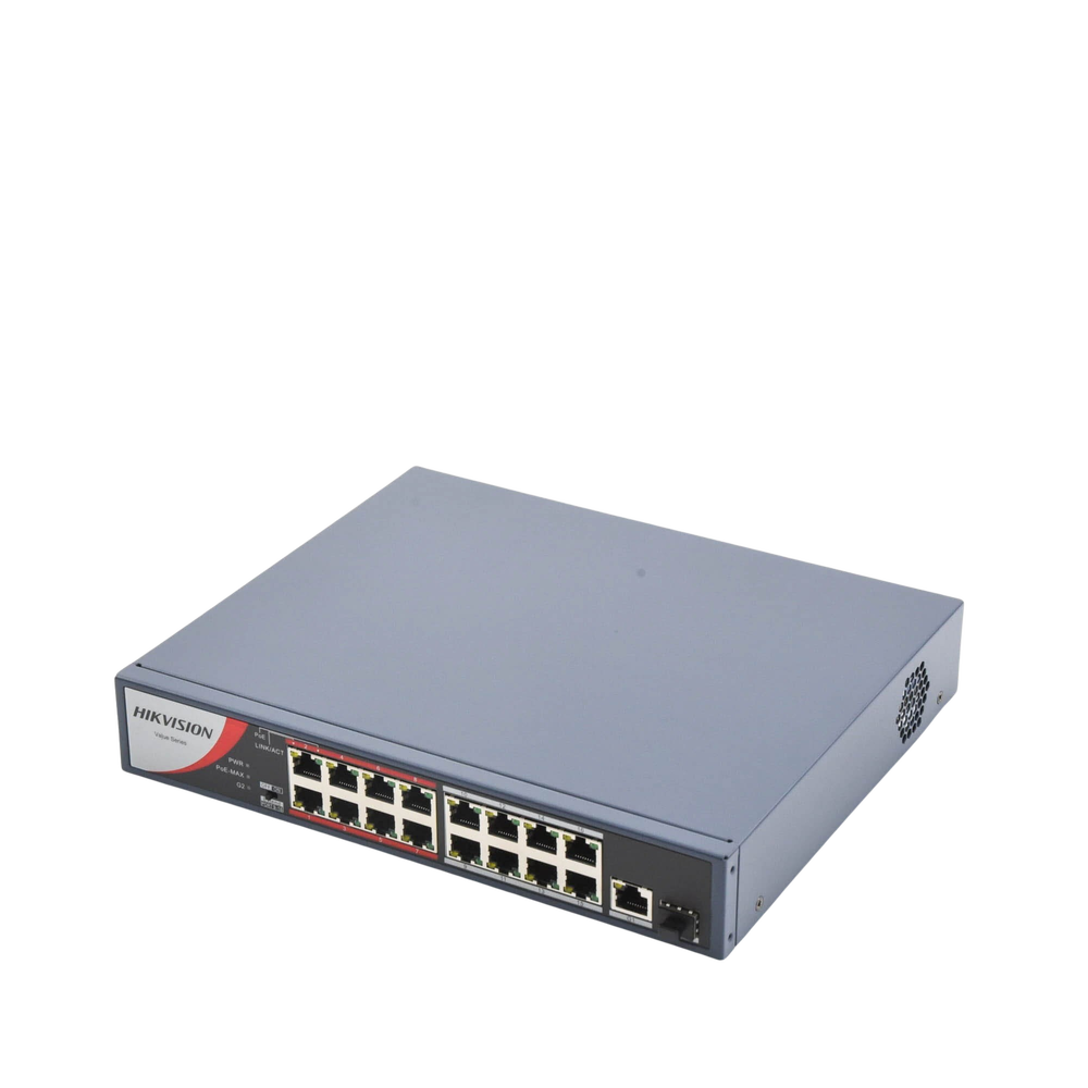 Switch PoE+ / No Administrable / 16 Puertos 10/100 Mbps PoE+ / 1 Puerto 10/100/1000 Mbps + 1 Puerto SFP Uplink / PoE hasta 250 metros / 130 W