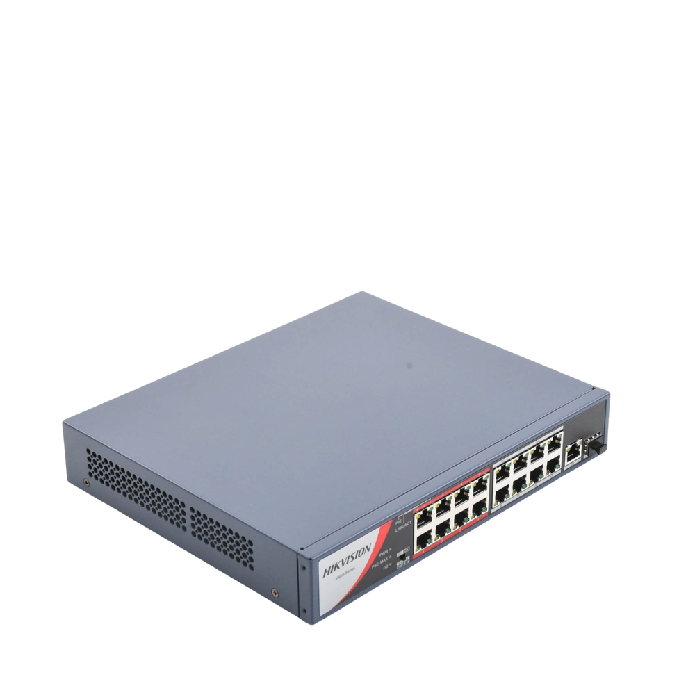 Switch PoE+ / No Administrable / 16 Puertos 10/100 Mbps PoE+ / 1 Puerto 10/100/1000 Mbps + 1 Puerto SFP Uplink / PoE hasta 250 metros / 130 W