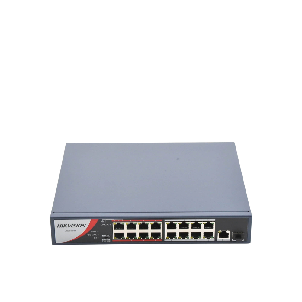 Switch PoE+ / No Administrable / 16 Puertos 10/100 Mbps PoE+ / 1 Puerto 10/100/1000 Mbps + 1 Puerto SFP Uplink / PoE hasta 250 metros / 130 W