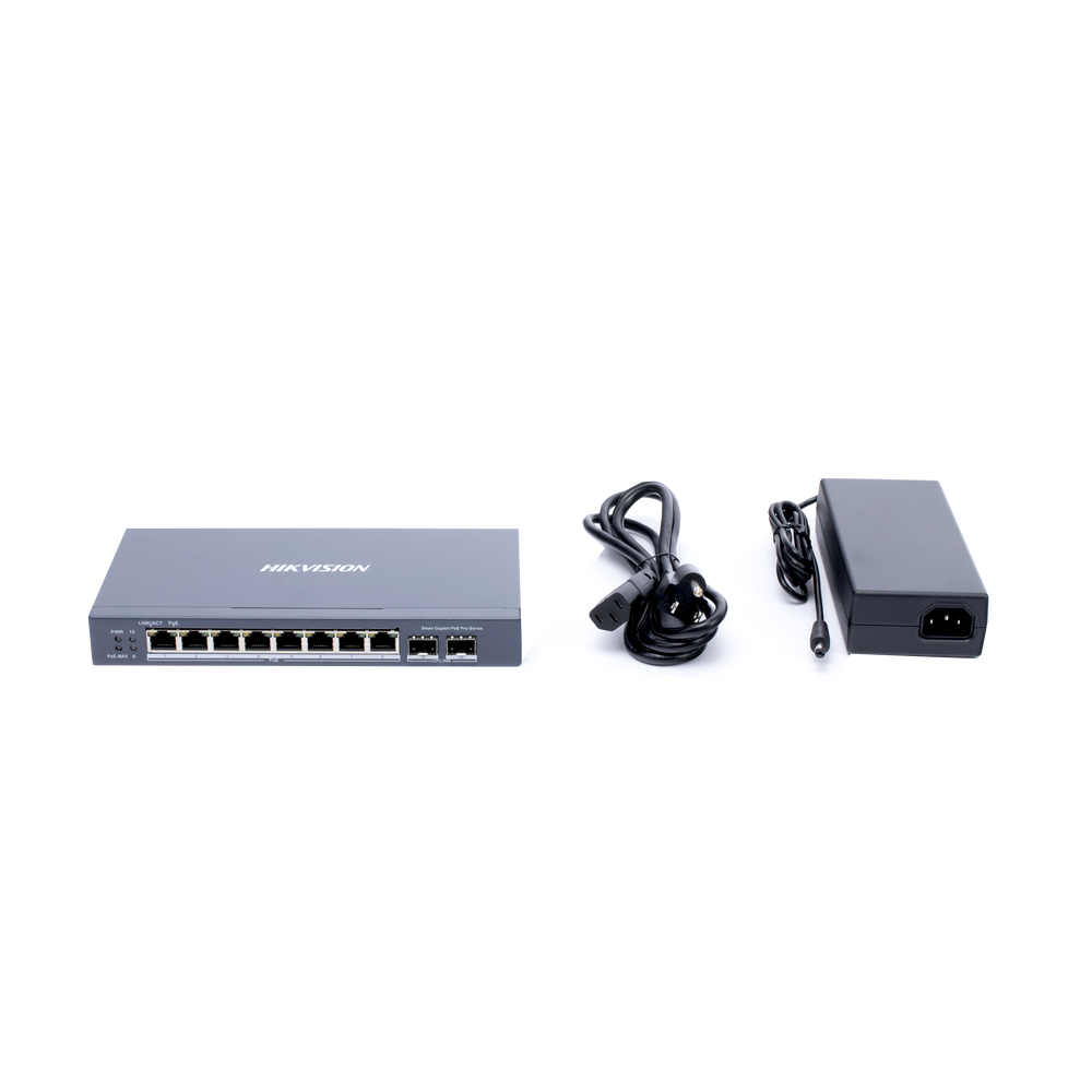 Switch Gigabit PoE+ / Administrable / 8 puertos 10/100/1000 Mbps PoE+ / 2 puertos SFP / configuración remota desde Hik-ProConnect / PoE hasta 250 metros / 110 W